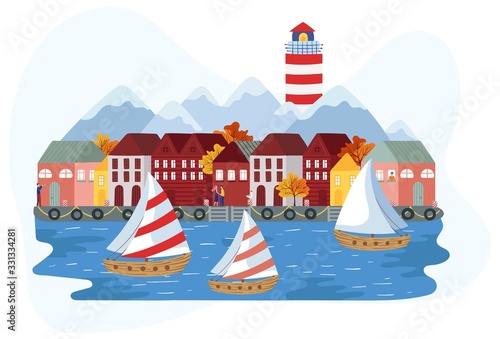 Sailboats near Scandinavian seaside town, vector illustration. Huge lighthouse rises over the mountains, cute small houses in old European fishing town. Autumn vacation trip, idyllic nordic scenery