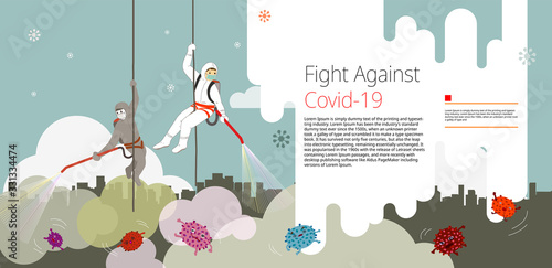 Men in biohazard suit descending down the rope and spraying hygienic spray to kill viruses on the road, mimicking police SWAT action to counter attack terrorists.