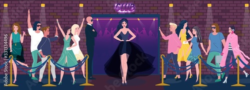 Night club entrance, beautiful woman in dress, people stand in line, vector illustration. Celebrity goes to party in nightclub, famous model cartoon character. Nightlife party, music concert in club