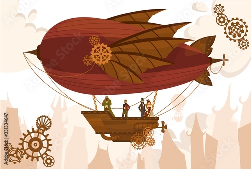 Team characters on balloon, steampunk airship, flat vector illustration. Air transport, gears, vintage, antique design web banner, template. Silhouette background old city, cloud sky.