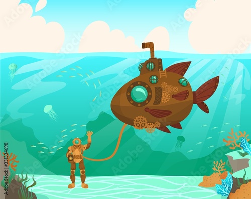 Scuba diver on sea floor, study the flora, fauna, flat vector illustration. Design submarine, male character. Sea inhabitant swim in ocean water. Web banner, template for website, page.