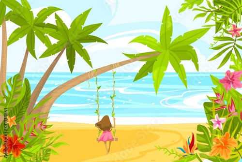 Character girl relax on tropical island  female swinging on tree  flat vector illustration. Travel  trip gift card and poster  design paradise valley with palm tree  leaf  sea  ocean.