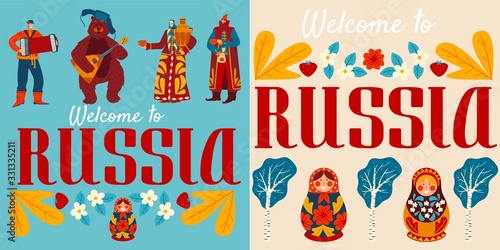 Welcome to Russia font, characters bear, matreshka, male and female in tradition cloth, flat vector illustration. Travel, trip postcard. Design for website, advertising business.