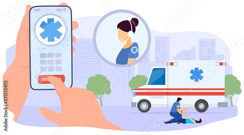 Ambulance, doctor help injured patient, flat vector illustration. Mobile app for hospital talk center, web banner, poster. 24 7 medical call center. Emergency car, background megapolis.