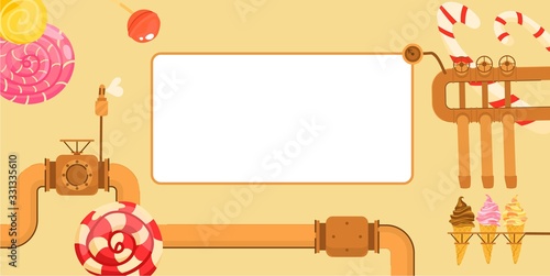 Factory of sweet with pipe, ice cream, lollipop, flat vector illustration. Design text place, website banner, gift and celebration card. Business card, company production of sweet, chocolate.