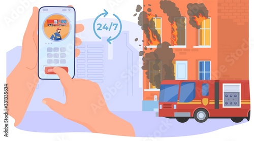 Firefight car, firefighters extinguish the house, flat vector illustration. Mobile app, talk center, web banner. 24 7 emergency service call center. Burning dwelling house, background of city.