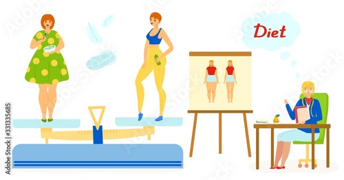 Female diet, characters woman stand scales, isolated on white, flat vector illustration. Weight loss under doctor supervision in clinic, slimming, thinner. Concept design web banner.