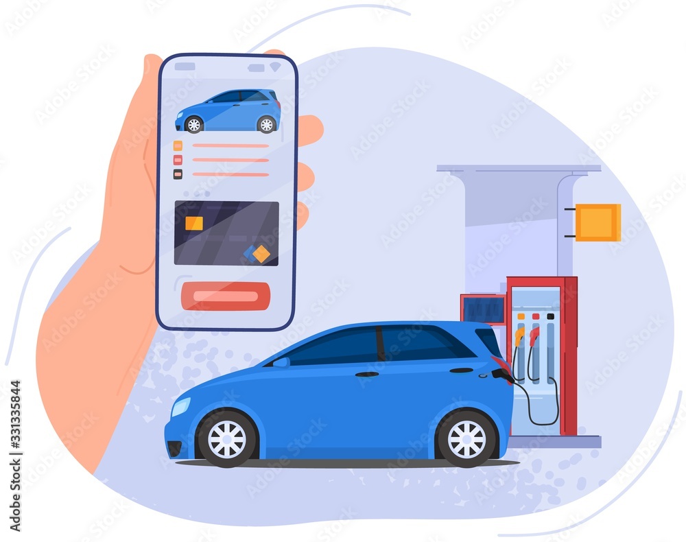 Online bonus system, gas station for filling car gasoline, hand hold mobile phone with application, isolated on white, flat vector illustration. Design web banner, poster and postcard. Online bonus system, gas station for filling car gasoline, hand hold mobile phone with application, isolated on white, flat vector illustration. Design web banner, poster and postcard.