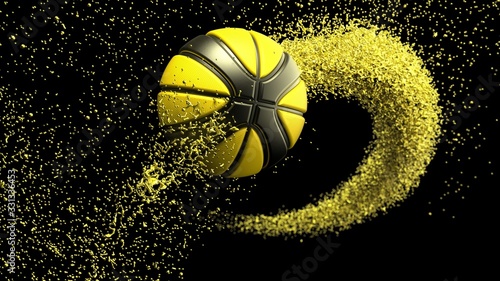 Black-Yellow Basketball with Yellow Particles. 3D CG. 3D illustration. 3D high quality rendering. © DRN Studio