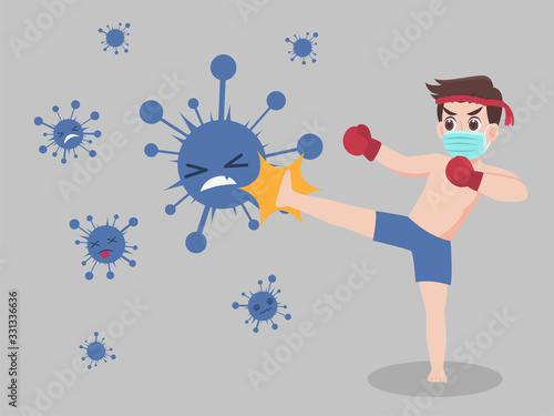 Man Fight kick virus wearing a surgical protective Medical mask for prevent virus Wuhan Covid-19.Corona virus. Health care concept.