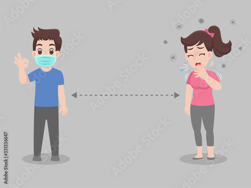 Social Distancing, People keeping distance for infection risk and disease ,wearing a surgical protective Medical mask for prevent virus Covid-19.Corona virus. Health care concept.