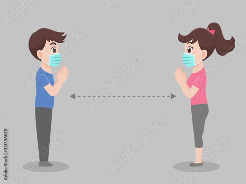 Thai Wai, Social Distancing, People keeping distance for infection risk and disease ,wearing a surgical protective Medical mask for prevent virus Covid-19. Health care concept.