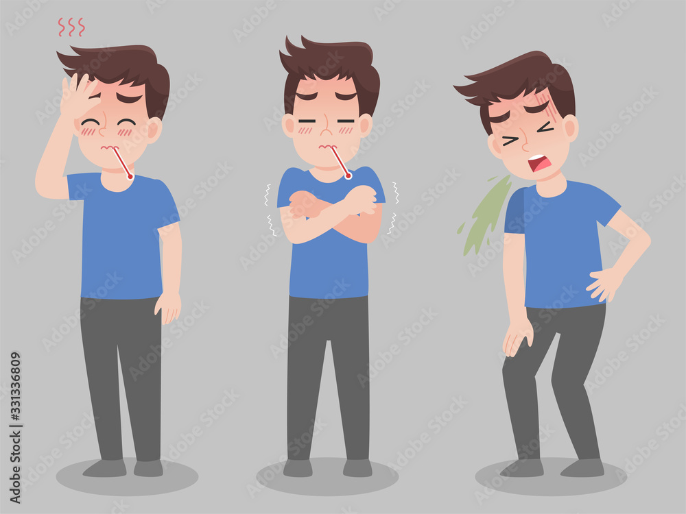 Set of man with different diseases symptoms - fever, sick, illness, vomit. Cartoon character design. Health care concept. Set of man with different diseases symptoms - fever, sick, illness, vomit. Cartoon character design. Health care concept.