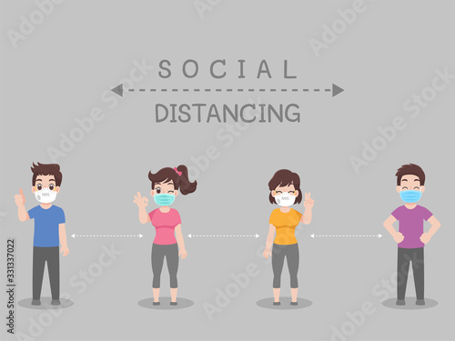 Social Distancing, People keeping distance for infection risk and disease ,wearing a surgical protective Medical mask for prevent virus Covid-19. Health care concept.