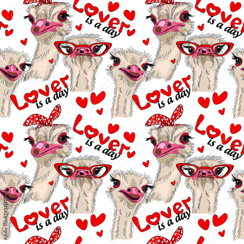 Trendy seamless pattern Pin-up style. Three funny ostrich closeup isolate on white background. Vector illustration for t-shirts, sweatshirt, fabric. Lover is a day - lettering