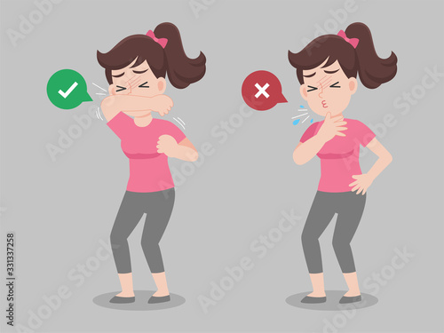 Woman use elbow cover mouth before sneeze and don't do. color speech bubble like do and don't. Healthy way to safe from virus infections. Health care concept.