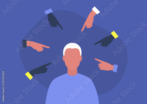 Bullying concept, victim blaming, young male character surrounded by pointing fingers