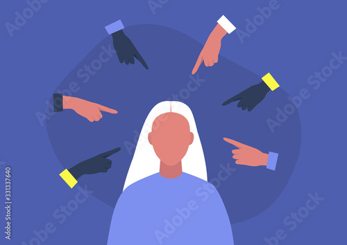 Bullying concept, victim blaming, young female character surrounded by pointing fingers