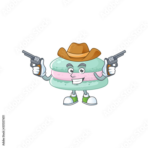 Cool cowboy cartoon design of vanilla blue macarons holding guns