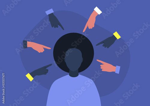 Bullying concept, victim blaming, young black female character surrounded by pointing fingers