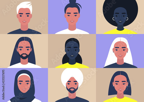 Conference call, shared screen, young characters portraits, community network