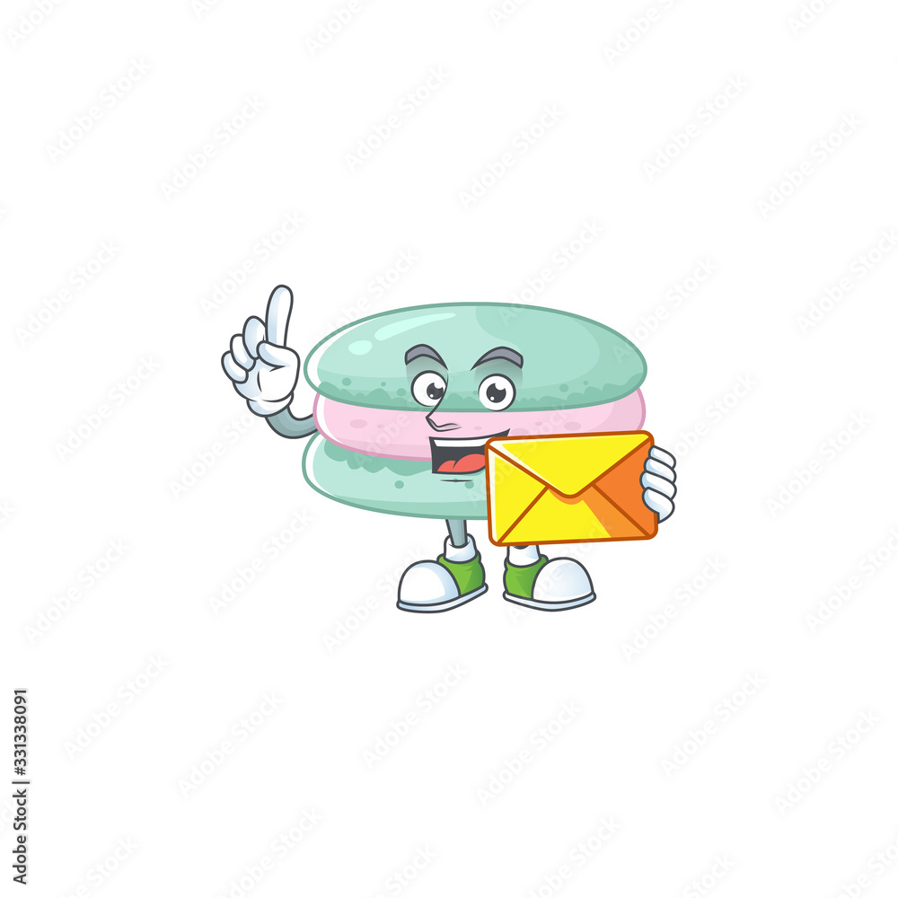 Cute face vanilla blue macarons mascot design holding an envelope
