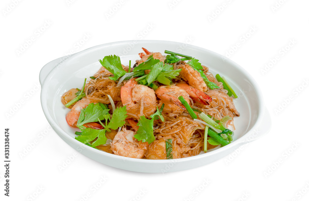 Baked Shrimp with vermicelli isolated on white background ,include clipping path