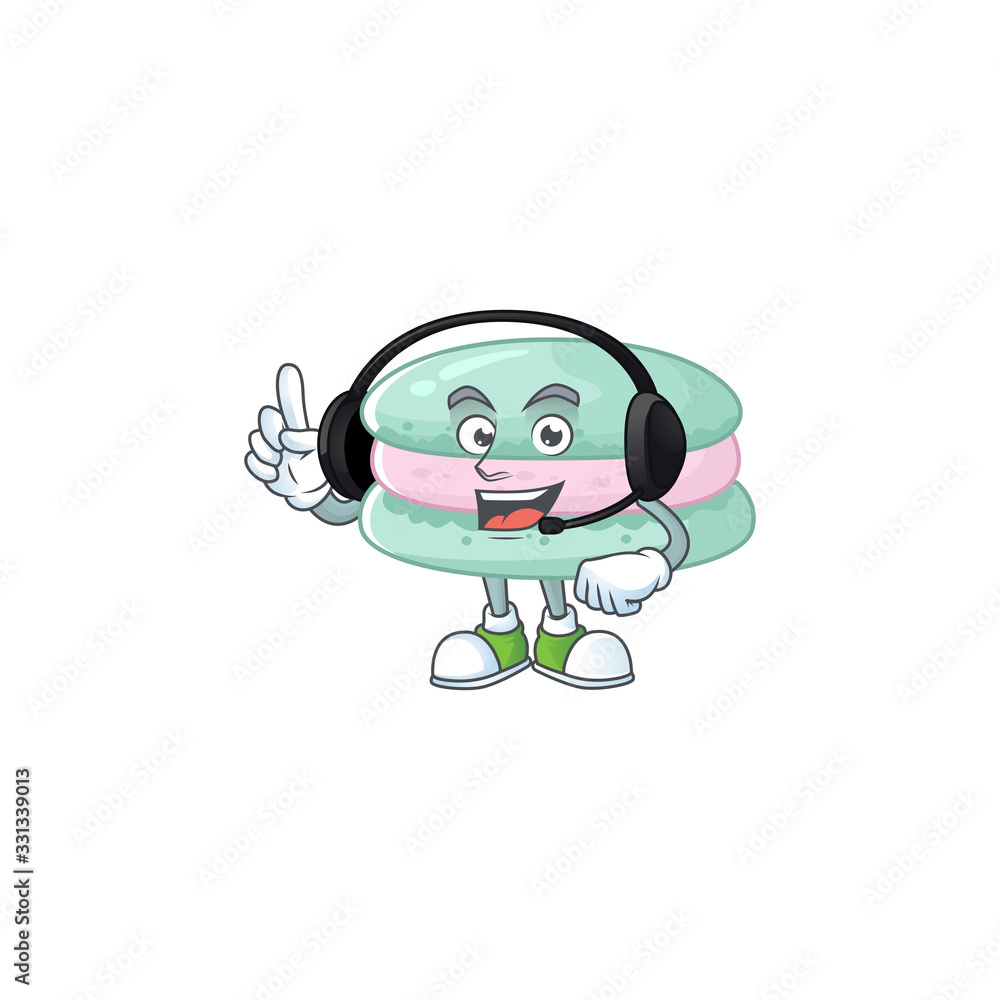 An attractive vanilla blue macarons mascot character concept wearing headphone An attractive vanilla blue macarons mascot character concept wearing headphone