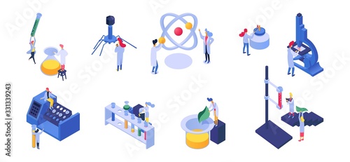 Isometric nano technology and science people vector illustration. Nanotechnology development, cartoon man woman scientist working in nano laboratory, researcher with various lab equipment isolated set