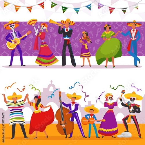 Mexican party people vector illustrations. Cartoon woman man characters wear traditional mexico dress clothes, play folk guitar music instruments and dance. Flat musician fiesta band party concert set