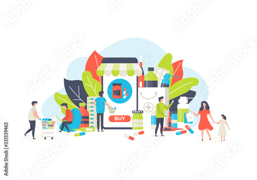 Online pharmacy medicine vector illustration. Medical service for doctor consultation, tiny people buy and sell drugs using computer, smartphone app mobile device. Online pharma commerce shop concept