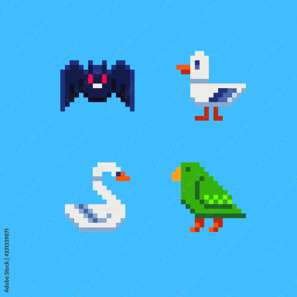 Cute bird, animals pixel art icons set, mosaic design, swan, bat, duck, bird isolated vector flat style illustration. Design for stickers, logo, embroidery and app. Video game assets. Cute bird, animals pixel art icons set, mosaic design, swan, bat, duck, bird isolated vector flat style illustration. Design for stickers, logo, embroidery and app. Video game assets.