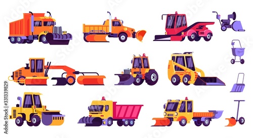 Snow plow truck vector illustration. Cartoon colorful professional snowplow tipper traktor truck cleaning road snowfall, snowplough. Flat winter vehicle equipment side view icons set,isolated on white