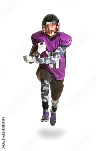 Running American football player on white background