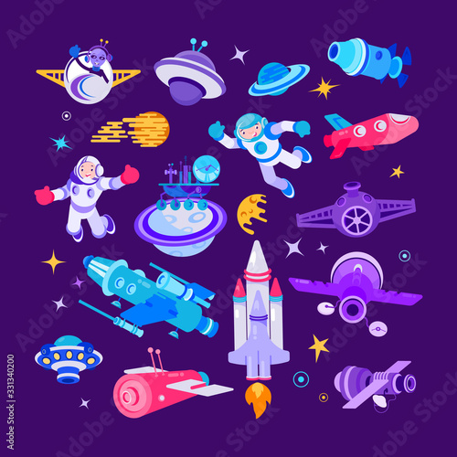 Cartoon space and spaceship vector illustrations. Comic spaceman smiling and waving, people in spacesuit, man and ufo alien in cosmos with shuttle, rocket. Colonization concept, colony on planet set