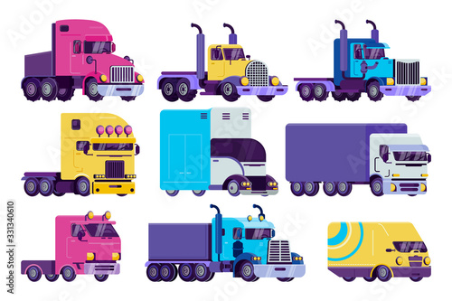 Cartoon truck vector illustration set. Flat colorful semi autotruck, van, big lorry, heavy vehicle transport for carrying goods and delivery automobile wagon. Trucking side view icon isolated on white