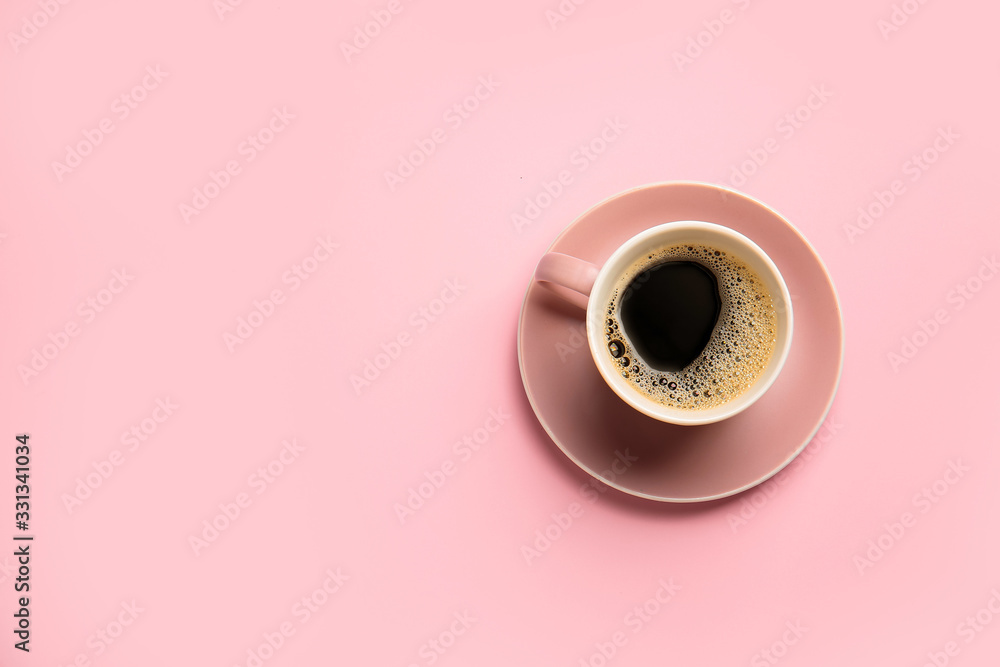 Cup of hot coffee on color background Cup of hot coffee on color background