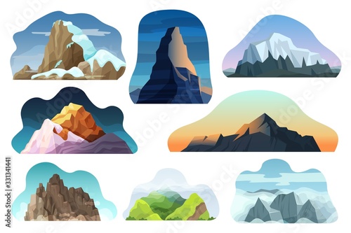 Mountain hill landscape vector illustration set. Cartoon flat nature high rock, hillside, multicolored rocky peak with clouds collection. Extreme snowy mountainous scenery icons isolated on white