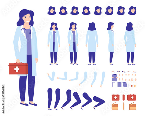 Doctor woman character constructor for animation vector illustration set. Medical cartoon female doctor, medicine lady worker in white professional hospital clothes, body parts, face emotions, actions