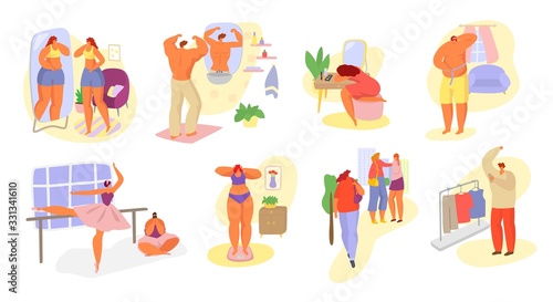 Inferiority complex of different people vector illustration hand drawn men, women collection set. People feel inferior due to overweight. Dissatisfaction with mirror image. Sweating armpits and smell.