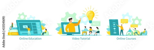 Online education vector illustration, learning people students with tutorials, courses set. Educational programs remotely by internet using computer, phone, tablet. Video lectures, online school