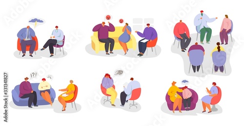 Psychotherapy, people at psychologist doctor consultation vector illustration isolated set collection. Individual, group psychotherapeutic sessions. Men, women, child, couples and families patients.