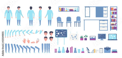 Scientist animation constructor vector illustration. Male body parts diy kit, science laboratory furniture, equipment set collection isolated. Chemical formulas, microscope, flasks, computers books.