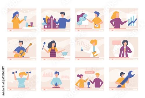 Video tutorials blogger people online training videos vector illustration set. Men, women talk about cooking, traveling, beauty, give lessons in playing guitar, drawing, fitness. Online cast streaming