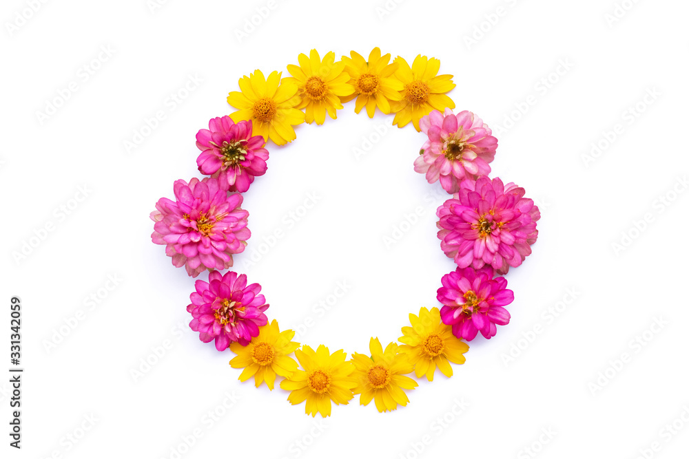 Circle of fresh flowers on white background. Top view, copy space for text. Flat lay. Circle of fresh flowers on white background. Top view, copy space for text. Flat lay.