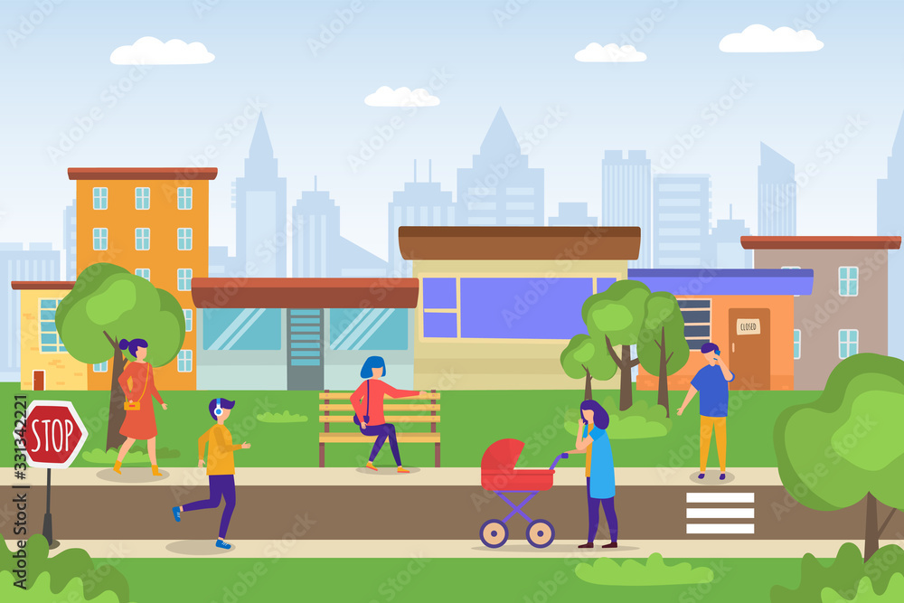 Casual people walking in eco green cityscape, mother with baby carriage, young man jogging, woman cartoon vector illustration. Man and woman in casual cloths in ecologically clean city.
