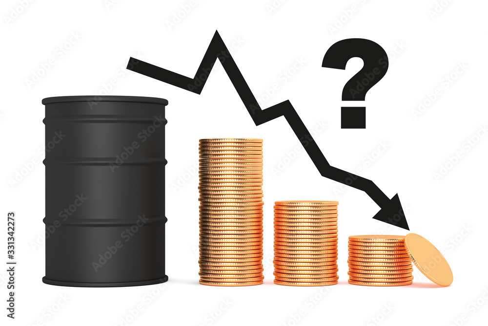 Price oil brent down concept. Black oil barrel and money gold coins. 3d illustration Price oil brent down concept. Black oil barrel and money gold coins. 3d illustration