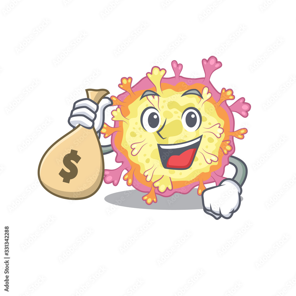 Smiley rich coronaviridae virus cartoon character bring money bags Smiley rich coronaviridae virus cartoon character bring money bags