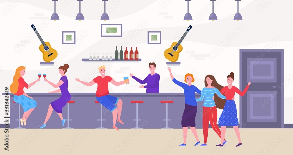 Friends and people at bar drinking and having fun, dancing cartoon vector illustration. Friendly bar party with happy men and women company meeting to drink beer, friendship concept.