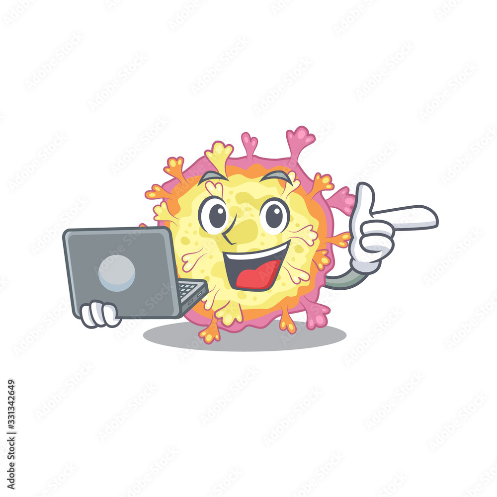 An icon of smart coronaviridae virus working with laptop